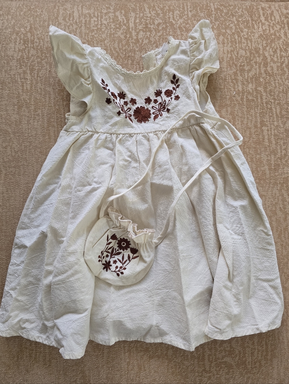 Ivory Embroidered Floral Cotton Toddler Dress with Matching Pouch